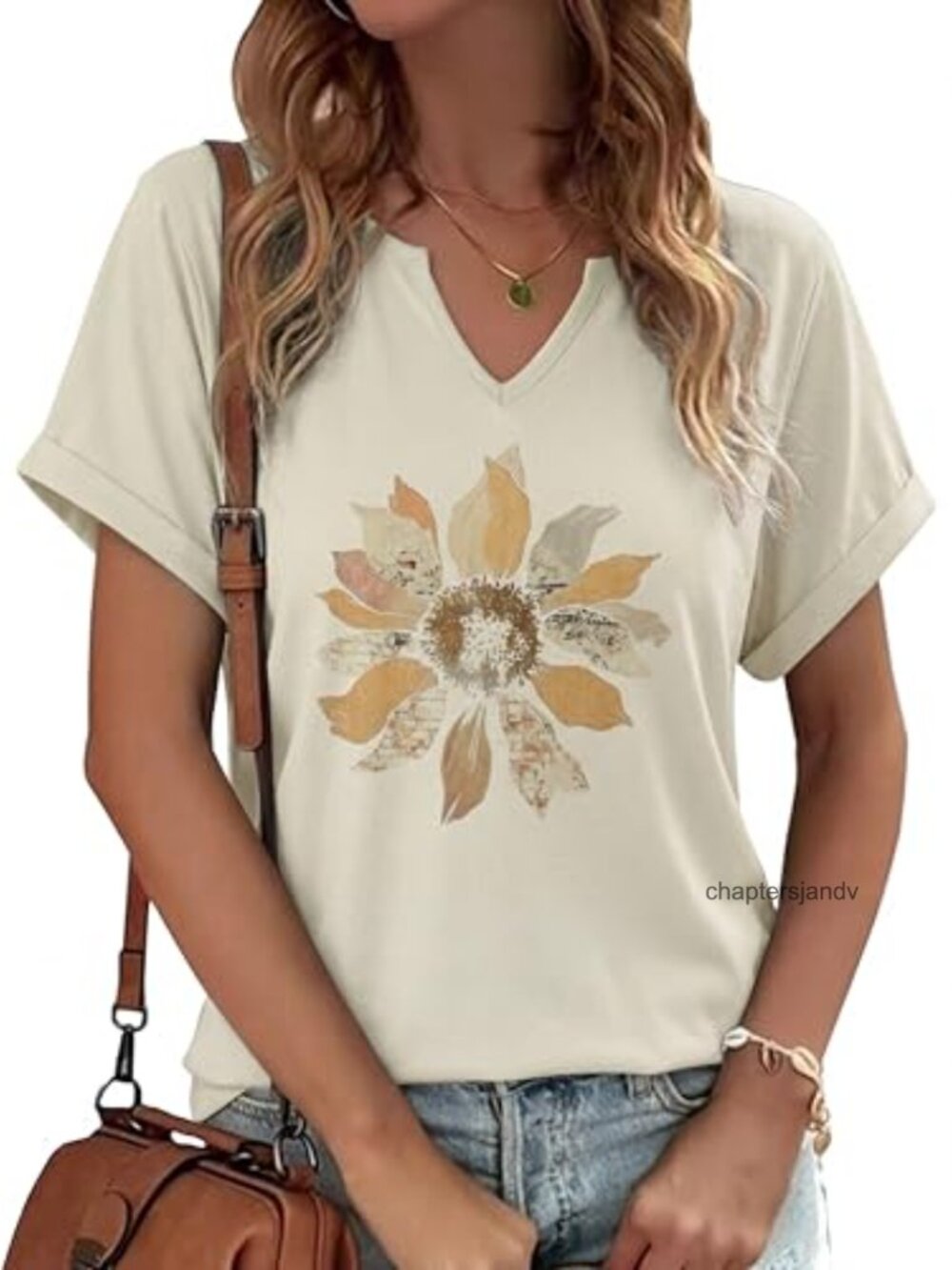 Women's V-Neck Floral Wildflowers Graphic Tee - Boho Vintage Cotton Blend